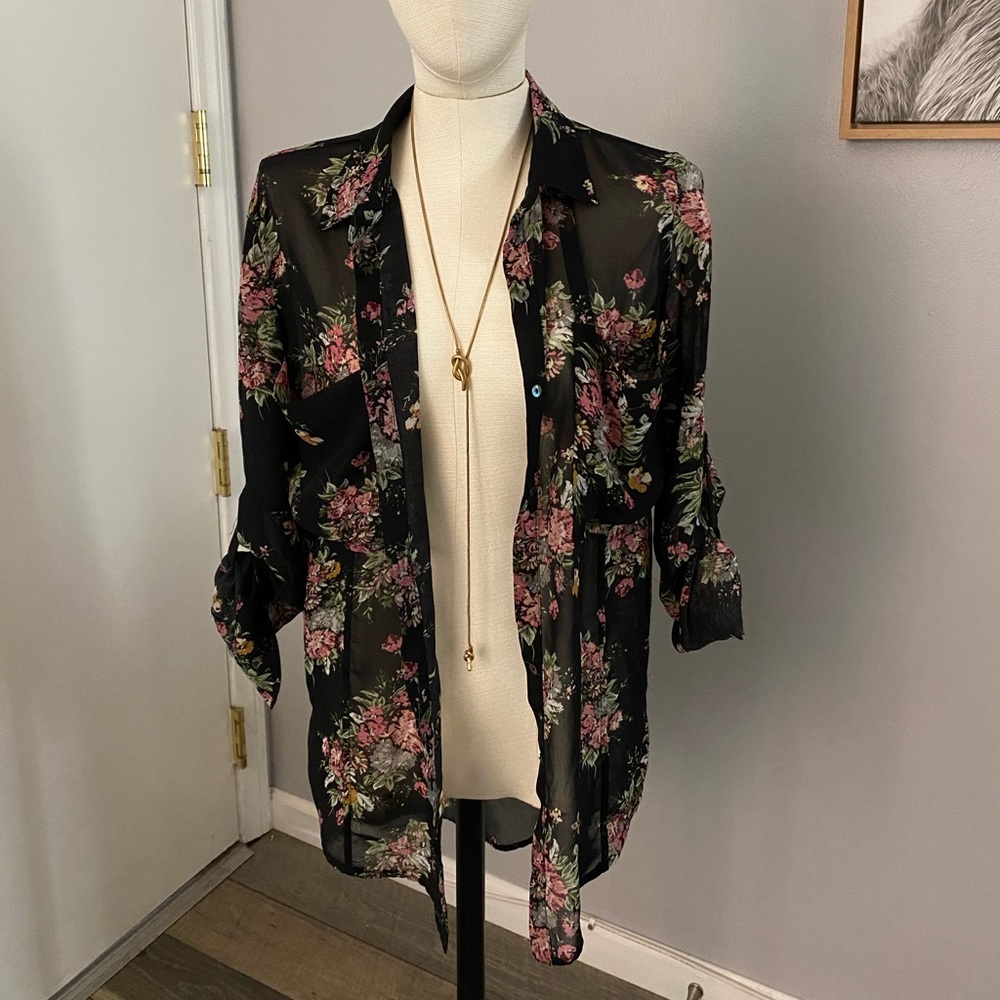 Line & Dot Black Floral Button Down Kimono Blouse